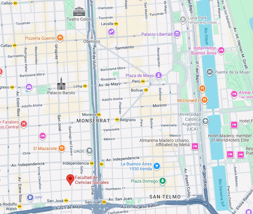 A map showing the Faculty of Social Sciences (Facultad de Ciencias Sociales) at the University of Buenos Aires, near the corner of Au 25 de Mayo and Av. 9 de Julio. The coordinates are latitude -34.6103274, longitude -58.3800731